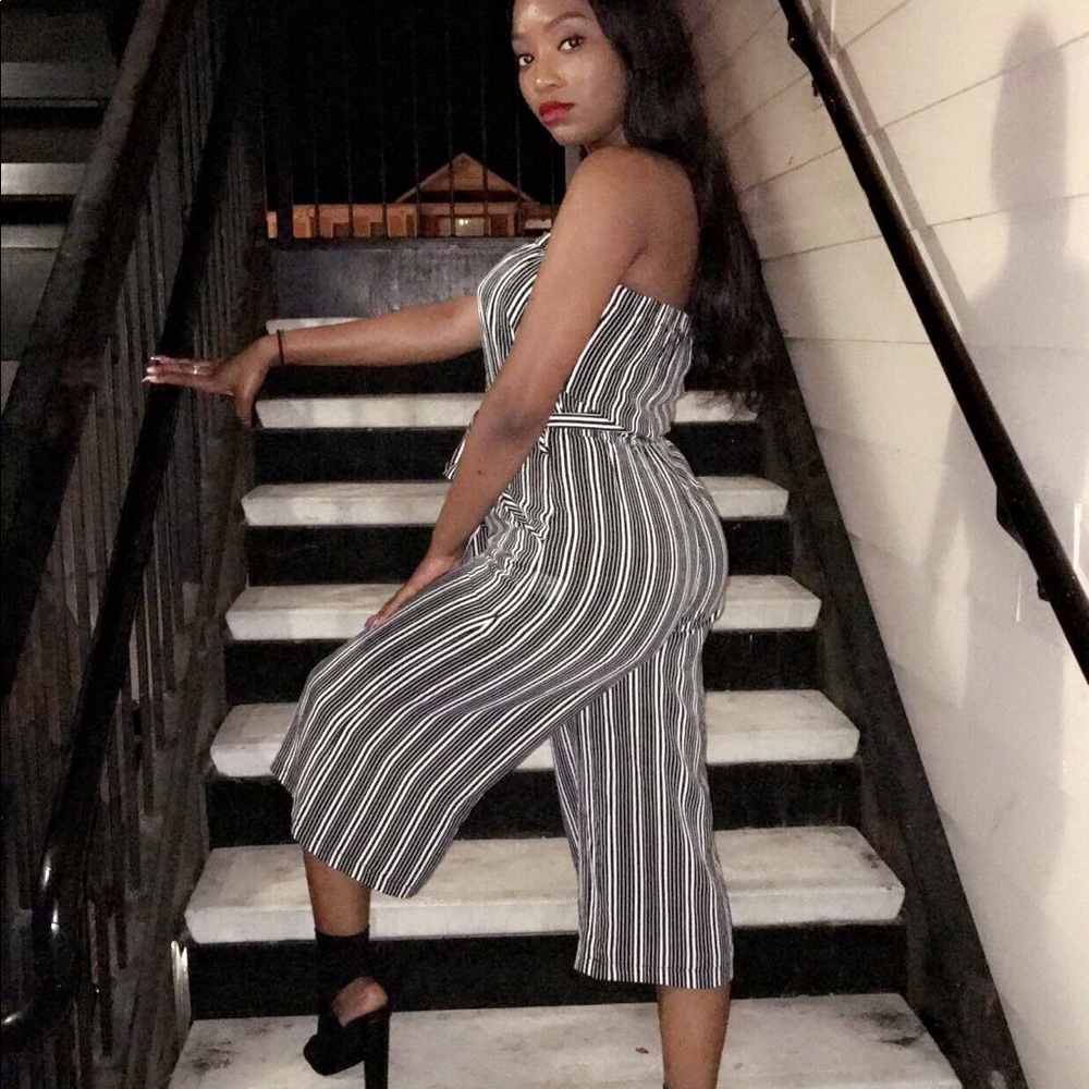 Black and white stripe strapless jumpsuit